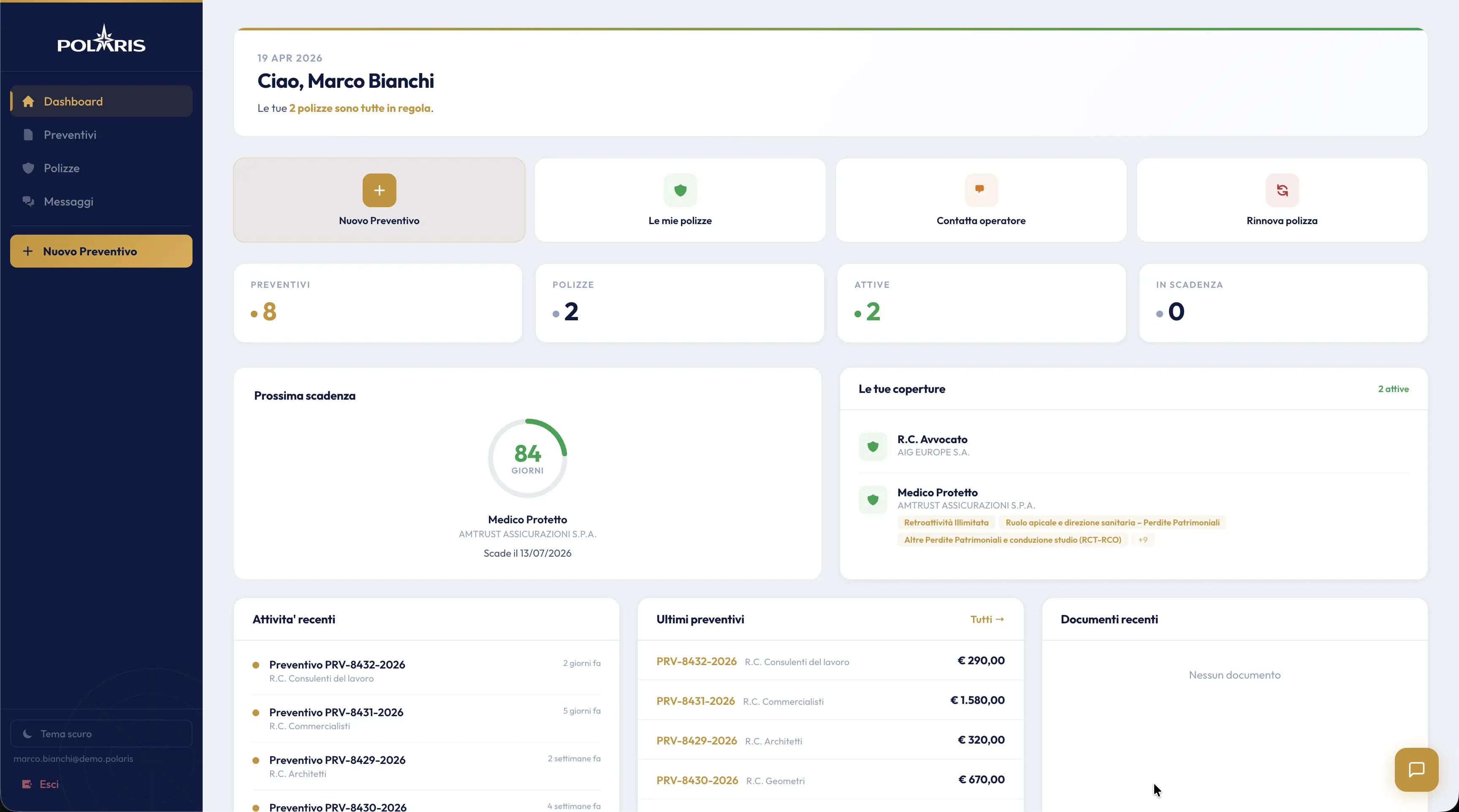 Portale clienti Polaris con dashboard personale