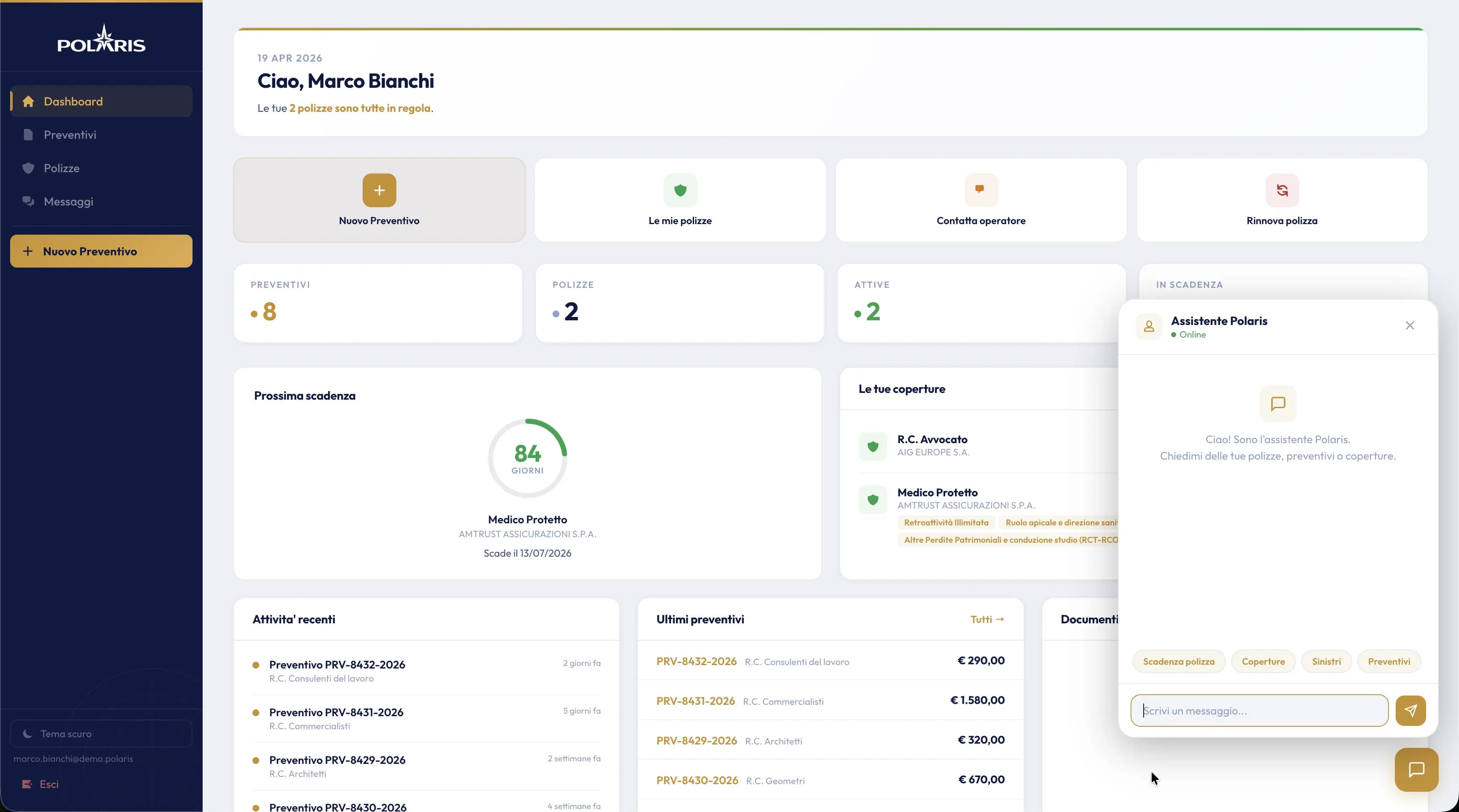 Assistente Polaris AI chatbot nel portale clienti